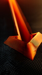Poster - Orange metallic arrow pointing down, layered texture, dark background, abstract design, showcasing dynamism and direction, suitable for technology or finance concepts