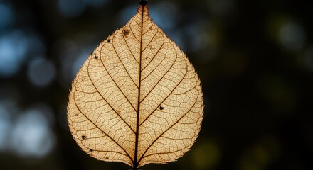 Poster - A backlit, skeletal leaf shows its intricate vein structure against a blurred dark background