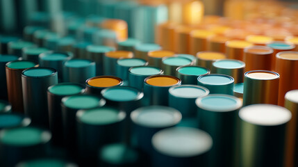 Poster - Close-up of teal and orange paint cans, creating a colorful and textured pattern. Showcase of vibrant hues, symbolizing creativity, design, and visual appeal.