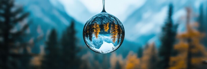 Poster - Transparent droplet reflects majestic mountain and forest landscape showcasing natures beauty in detail