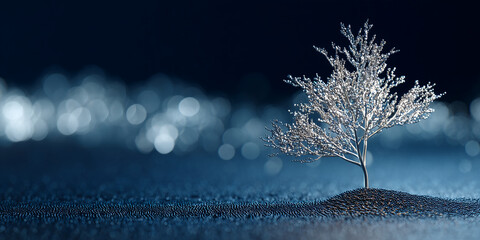 Poster - Silver metallic tree on dark blue textured background, bokeh lights, showcasing minimalist elegance and winter theme, ideal for holiday or corporate designs