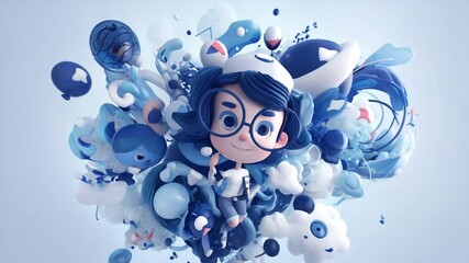 Poster - Colorful Animated Character Surrounded by Playful Blue Shapes Generative AI