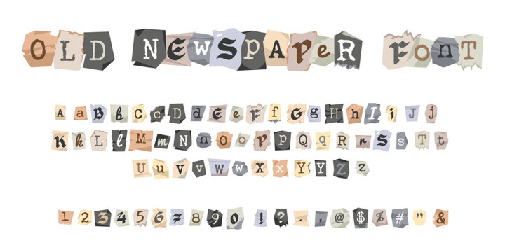 Newspaper ransom fonts. Trendy letters and numbers, collage cutout style, anonymous notes alphabet on cut torn paper, vintage magazines. News typography, lettering isolated tidy vector set