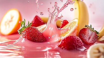 Poster - Dynamic Fruit Juice Splash Featuring Strawberries and Bananas in a Refreshing Moment : Generative AI