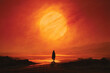 © Inspire Shots Hub - Silhouette of cloaked figure walking towards large orange sun, set against a fiery, hazy landscape.  Evokes themes of solitude, journey, and the unknown