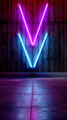 Poster - Neon V-shaped lights, pink and blue, mounted on dark wood wall above empty floor, creating vibrant, futuristic atmosphere ideal for presentation or design showcase