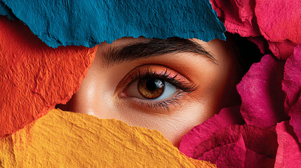 Aufkleber - Close-up of eye framed by textured orange, yellow, pink, and blue paper, creating a vibrant, artistic image showcasing beauty and color