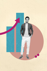 Aufkleber - Pop image sketch 3d collage poster of happy businesswoman businessman stand arrow development chart progress aim achievement