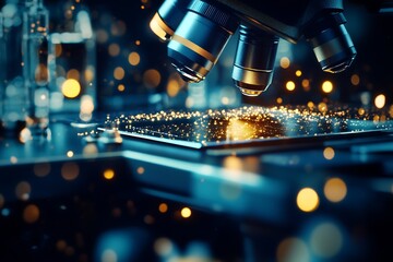 Fototapete - Elegant microscope capturing a detailed image with shimmering bokeh effects perfect for scientific presentations : Generative AI