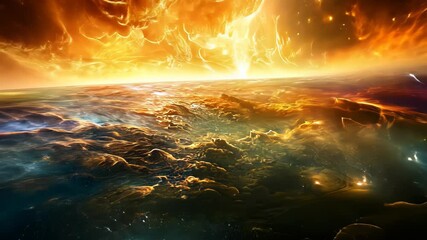 Wall Mural - a colorful planet with a bright yellow sun in the middle. the sun is surrounded by a cloud of fire