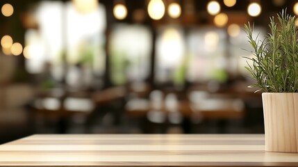 Poster - Charming indoor scene with a potted plant on a wooden table in a modern cafe setting : Generative AI