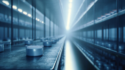 Aufkleber - Cream jar on conveyor belt in a cool-toned industrial setting, showcasing product placement or manufacturing process