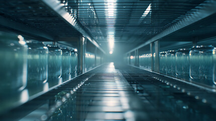 Aufkleber - Rows of glass jars on metal shelves recede into a dimly lit space, creating a perspective of depth and industrial process