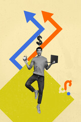 Poster - Banner art collage of person having arrows up dollars sign on pastel background