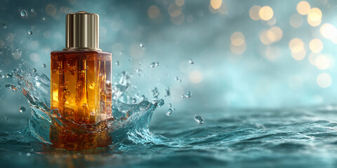 Poster - Amber perfume bottle in water splash, gold cap, teal background, bokeh lights.  Showcase product presentation, luxury, freshness concept