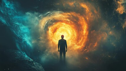 Wall Mural - A man stands in front of a large, swirling vortex of light and fire. The man is in a trance, as if he is being pulled into the center of the vortex