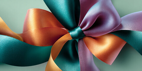 Aufkleber - Close-up of a multicolored satin ribbon bow, teal, copper, and mauve hues, creating a luxurious and elegant texture, ideal for gift wrapping or decorative design