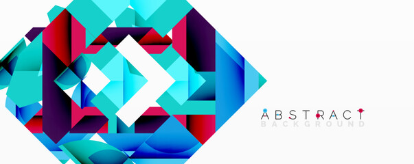 Poster - Vibrant geometric shapes create dynamic abstract composition. Blue, turquoise, purple, red hues blend, forming layered patterns. Modern design element for backgrounds.