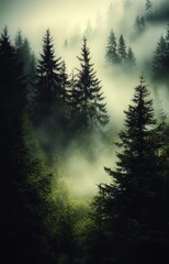enchanting misty fir forest landscape.