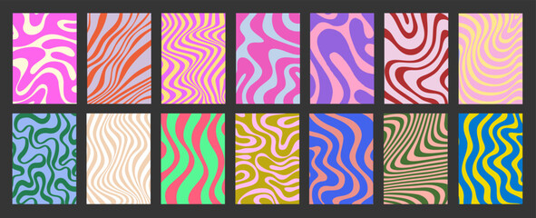 Fototapete - Abstract Geometric Posters Set. Cool Groovy Placards Vector Design. Y2k Trippy Wavy Textures Collection. Playful Funny Covers.