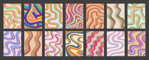 Fototapete - Cool Rainbow Abstract Posters Set Vector Design. Psychedelic Trippy Colorful Y2K Pattern Cover. Funky Groovy Wavy Texture.