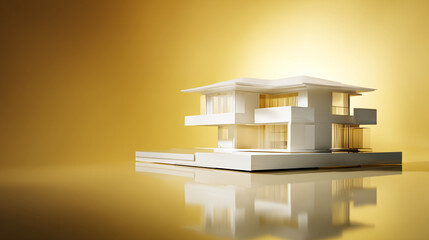 Aufkleber - White architectural model house on golden background, showcased on platform, reflecting on shiny surface, ideal for real estate or architecture presentations, free space for text