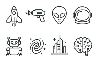 Space exploration icons: rocket, alien, astronaut, robot, galaxy, city, brain.