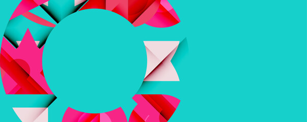 Poster - Abstract geometric composition. Pink triangles, rectangles layered over turquoise background. Minimalist design, modern aesthetic, clean lines create dynamic visual impact.