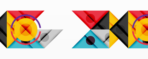 Leinwandbilder - Abstract geometric composition. Overlapping triangles, circles, squares create dynamic visual effect. Bright colorsred, yellow, black, bluedominate design. Modern, minimalist aesthetic.