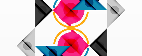 Leinwandbilder - Abstract geometric composition. Vivid pink, blue, orange shapes intersect with gray, black triangles. Minimalist design, symmetrical pattern, clean lines create modern aesthetic.