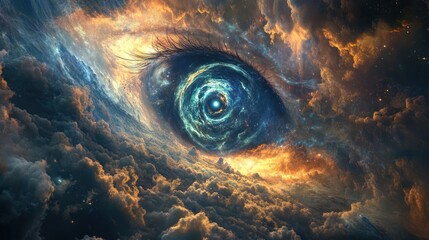 Wall Mural - A human eye is merged with cosmic clouds and swirling nebulae