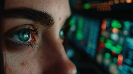 Poster - woman with captivating eyes focused on a monitor displaying data generative ai