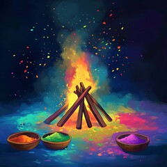 Poster - A digital illustration of a Holi bonfire with colorful powder around it