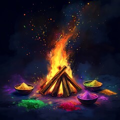 Poster - A digital illustration of a Holi bonfire with colorful powder around it