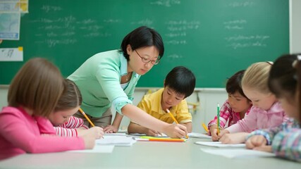 Poster - Young Teacher Assists Children in Classroom Learning Activities Generative AI