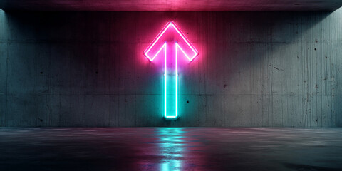 Aufkleber - Neon arrow on a concrete wall, illuminated in pink and teal, showcasing upward movement and progress, suitable for motivational or technological concepts