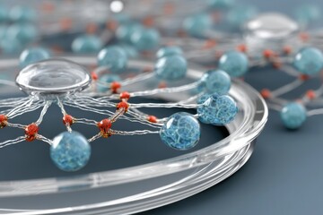 Poster - a detailed abstract representation of molecular structure featuring blue spheres, red nodes, and con