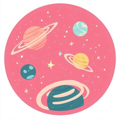 Aufkleber - Colorful planets and stars rotating in pink galaxy illustration
