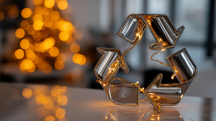Poster - Metallic recycle symbol illuminated by warm lights, set against a blurred backdrop of golden bokeh, suggesting a sustainable and festive atmosphere