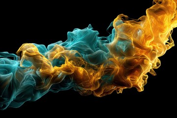 Poster - An abstract image of golden and teal wisps flowing against a black background, showing movement, energy, and a sense of ethereal beauty with a unique design.