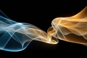 Poster - abstract golden and blue smoke streams flowing dynamically on a black background, creating a mesmeri