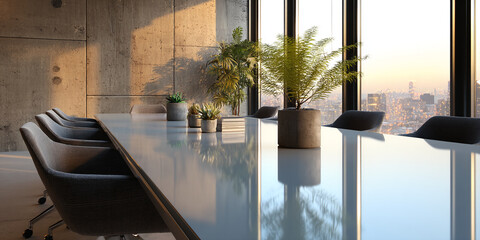 Aufkleber - Modern office interior, long table with plants, chairs, city view from large windows, showcasing a minimalist workspace concept, ideal for business or corporate settings