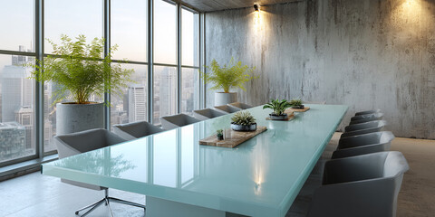 Poster - Glass conference table with grey chairs in a modern office, overlooking a cityscape. Plants on the table add a touch of nature to the minimalist design, showcasing a sleek, professional workspace.
