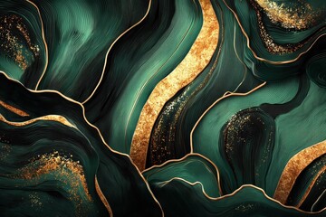 Poster - An elegant abstract background featuring swirling emerald green patterns accented with shimmering gold lines and textures creating a luxurious and modern design element.
