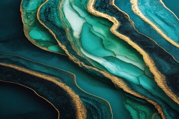 Poster - A captivating abstract background showcasing liquid art with emerald green swirls and shimmering golden accents, creating a luxurious and mesmerizing effect with marble effect.