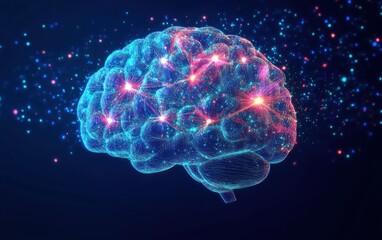 Poster - Neural Network in Biotechnology Concept Illustration of Brain with Glowing Neural Connections