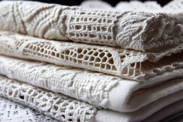 Poster - Detailed close-up of folded delicate white lace linens, showcasing intricate textures and patterns against a soft, neutral background, emphasizing vintage elegance.