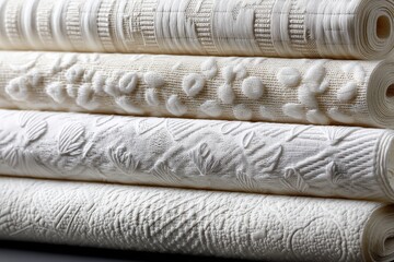 Poster - A close-up view of stack of textured white fabrics, showcasing intricate patterns, subtle color variations, and delicate embossed designs on a neutral surface.
