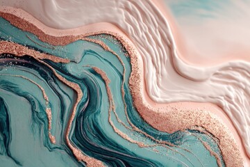 Poster - Abstract fluid art with swirling turquoise, pink, and gold accents, creating an elegant and luxurious design for backgrounds and creative projects, a modern art piece.