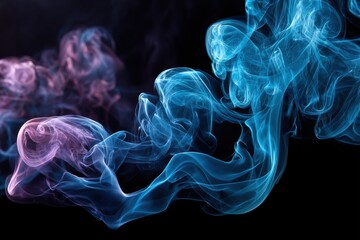Poster - Elegant plumes of blue and purple smoke gently swirling against a black backdrop, creating an ethereal abstract composition, with fine lines and delicate textures.